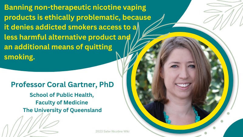 Coral Gartner, PhD, School of Public Health Faculty of Medicine Queensland University: "Banning non-therapeutic nicotine vaping products is ethically problematic, because it denies addicted smokers access to a less harmful alternative product and an additional means of quitting smoking."