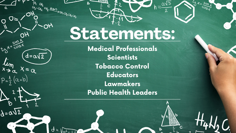 A picture of scientific notes, chemical formula with the words "THR Statements from Experts. Statements: Medical Professionals, Scientists, Tobacco Control etc"