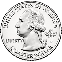 Silver coin with profile of Washington bust. He faces left regally and wears a colonial-style queue in his hair. "UNITED STATES OF AMERICA" is at top, "QUARTER DOLLAR" at bottom, "LIBERTY" at left, and "IN GOD WE TRUST" above "P" at right. Just below the bust is "JF uc" in tiny letters.