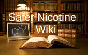 The safer nicotine wiki logo, a book open in a library, and a computer screen showing the nicotine molecule