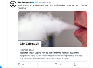 Telegraph headline Vaping may be as bad for the heart as cigarettes.