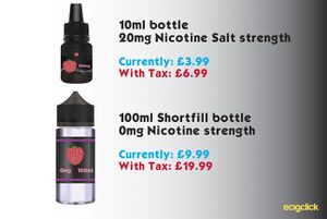Examples of e-liquid pricing with the new tax applied. 10ml bottle of 20mg/l nicotine now £3.99 increases to £6.99. 100ml shortfill nicotine free now £9.99 increases to £19.99