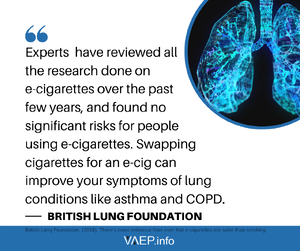 VAEP Shareable quoting British Lung Foundation "Experts have reviewed all the research done on e-cigarettes over the past few years, and found no significant risks for people using e-cigarettes. Swapping cigarettes for an e-cig can improve your symptoms of lung conditions like asthma and COPD."