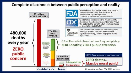The disconnect between public perception and reality: A graph showing 480,000 deaths a year cause no public concern, that 17M users are adults and unnoticed, and a tiny bar showing that teens hardly use the product (2.5M) cause huge concern and panic.